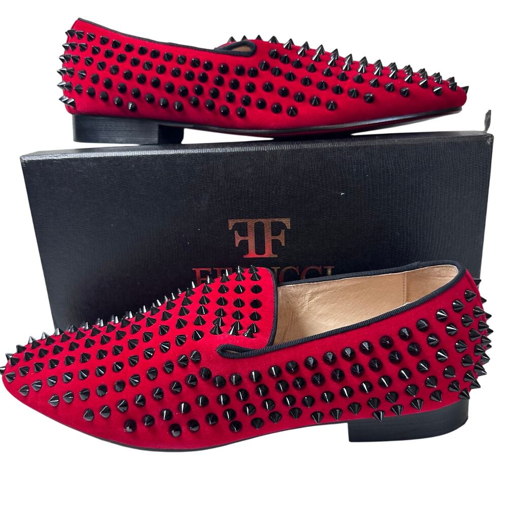 Mens Ferucci burgundy loafers black rivets and spikes slip on size 9